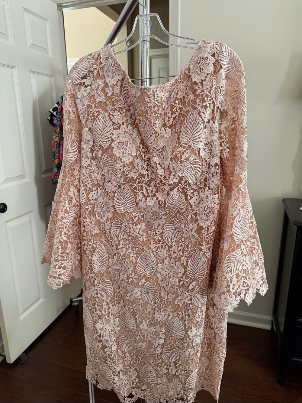 Jovani Blush Pink Sparkle Lace Long-Flare Sleeve Shift Dress #31943. Size 16